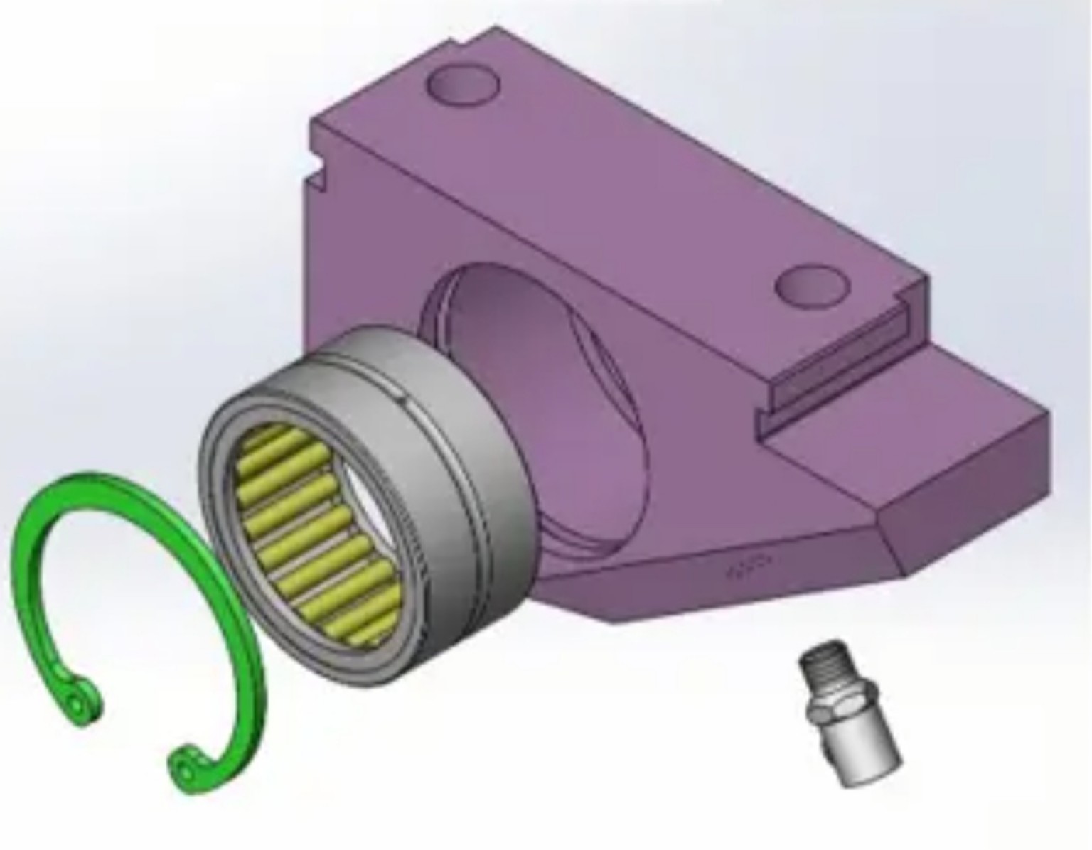 CAD view of a redesigned bearing housing with a bearing and retaining component shown separately