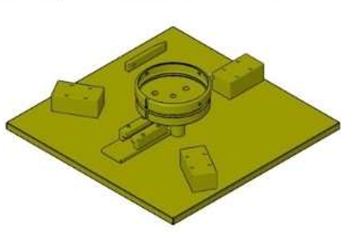 CAD rendering of a base with a circular feature and several supports