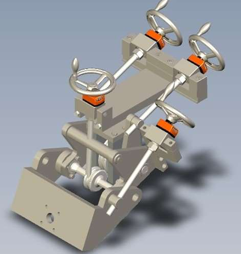 CAD rendering of a mechanical assembly with adjustment handwheels